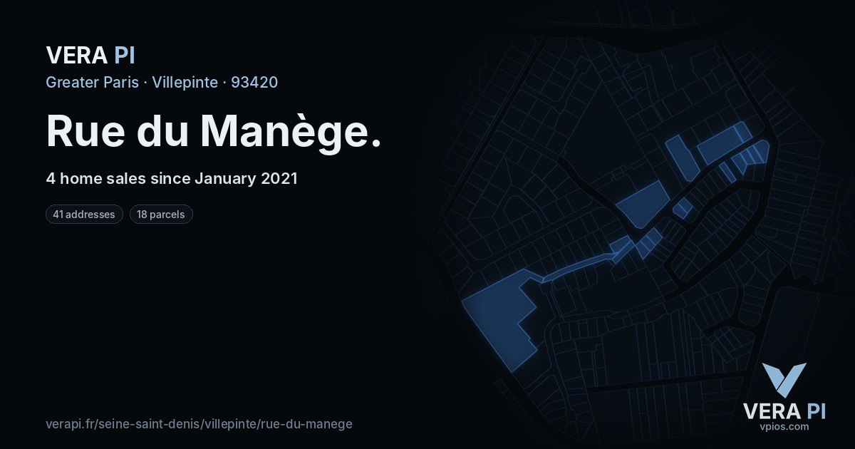 Rue du Manège, Villepinte at night – every parcel coloured by the prices around it, the street's own parcels lit