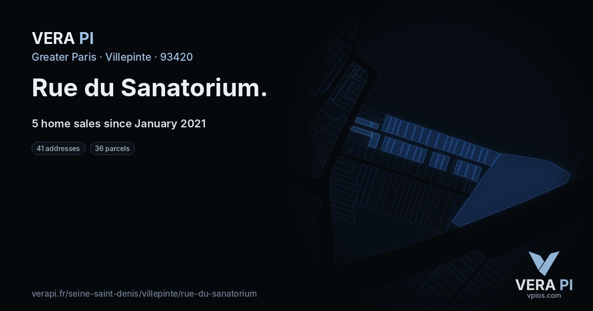 Rue du Sanatorium, Villepinte at night – every parcel coloured by the prices around it, the street's own parcels lit