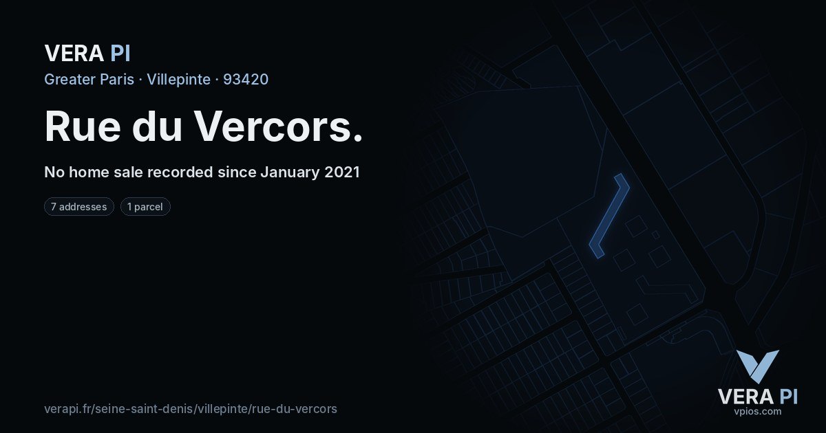 Rue du Vercors, Villepinte at night – every parcel coloured by the prices around it, the street's own parcels lit