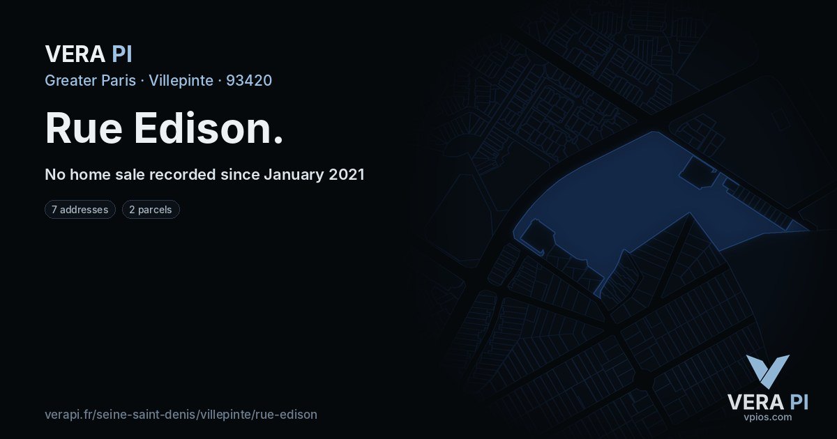 Rue Edison, Villepinte at night – every parcel coloured by the prices around it, the street's own parcels lit