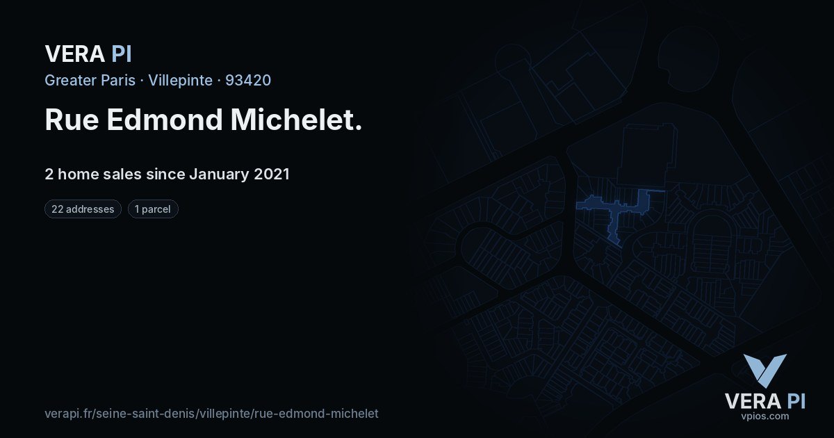 Rue Edmond Michelet, Villepinte at night – every parcel coloured by the prices around it, the street's own parcels lit
