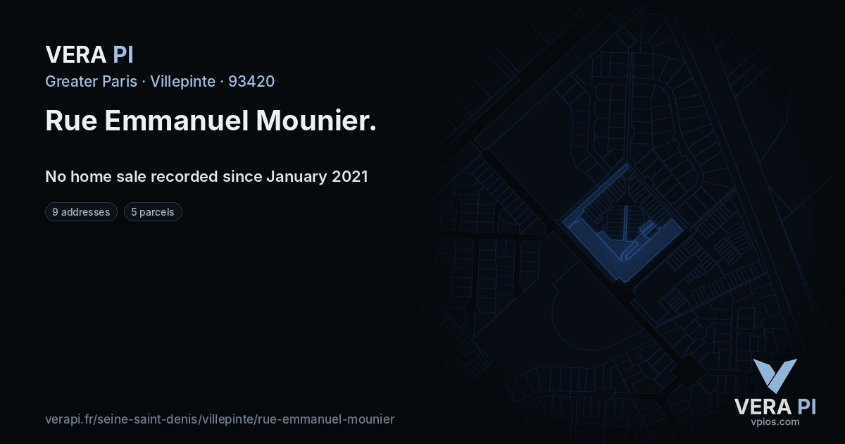 Rue Emmanuel Mounier, Villepinte at night – every parcel coloured by the prices around it, the street's own parcels lit