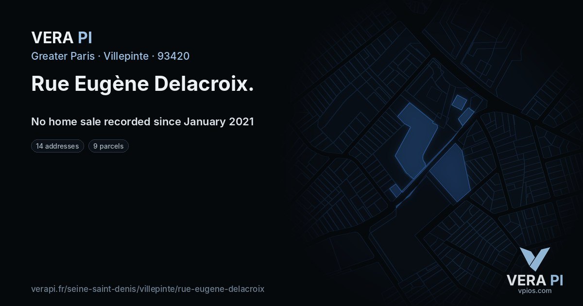 Rue Eugène Delacroix, Villepinte at night – every parcel coloured by the prices around it, the street's own parcels lit