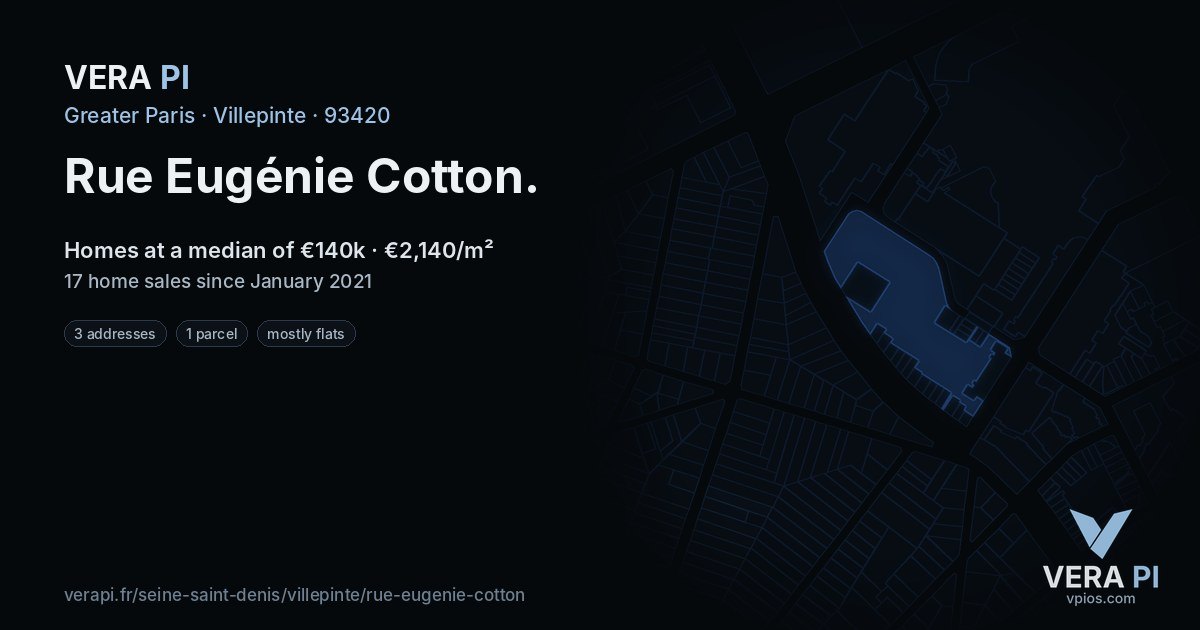 Rue Eugénie Cotton, Villepinte at night – every parcel coloured by the prices around it, the street's own parcels lit