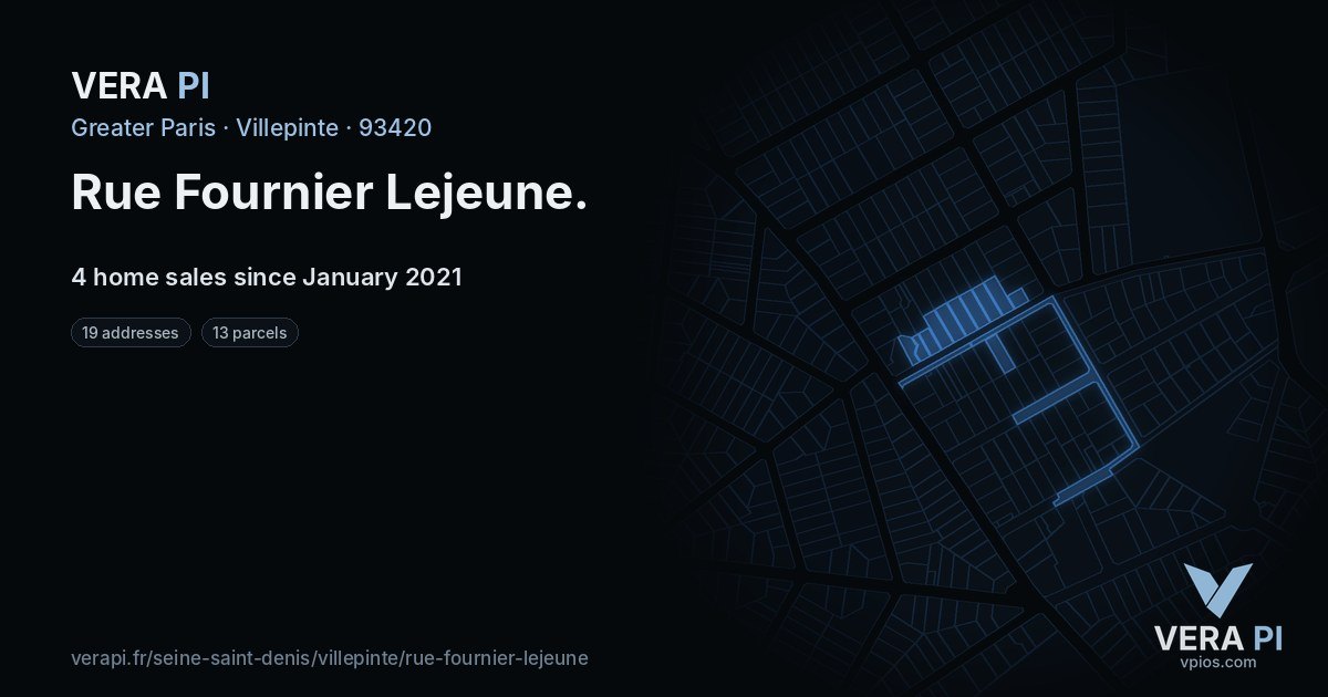 Rue Fournier Lejeune, Villepinte at night – every parcel coloured by the prices around it, the street's own parcels lit