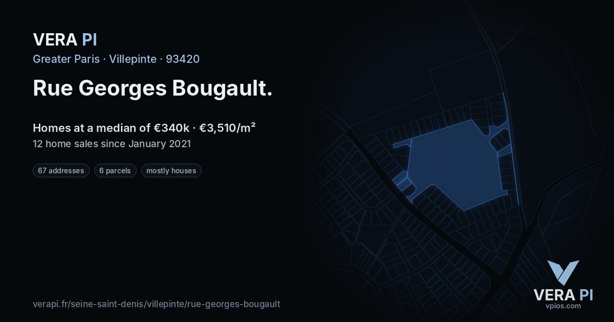 Rue Georges Bougault, Villepinte at night – every parcel coloured by the prices around it, the street's own parcels lit
