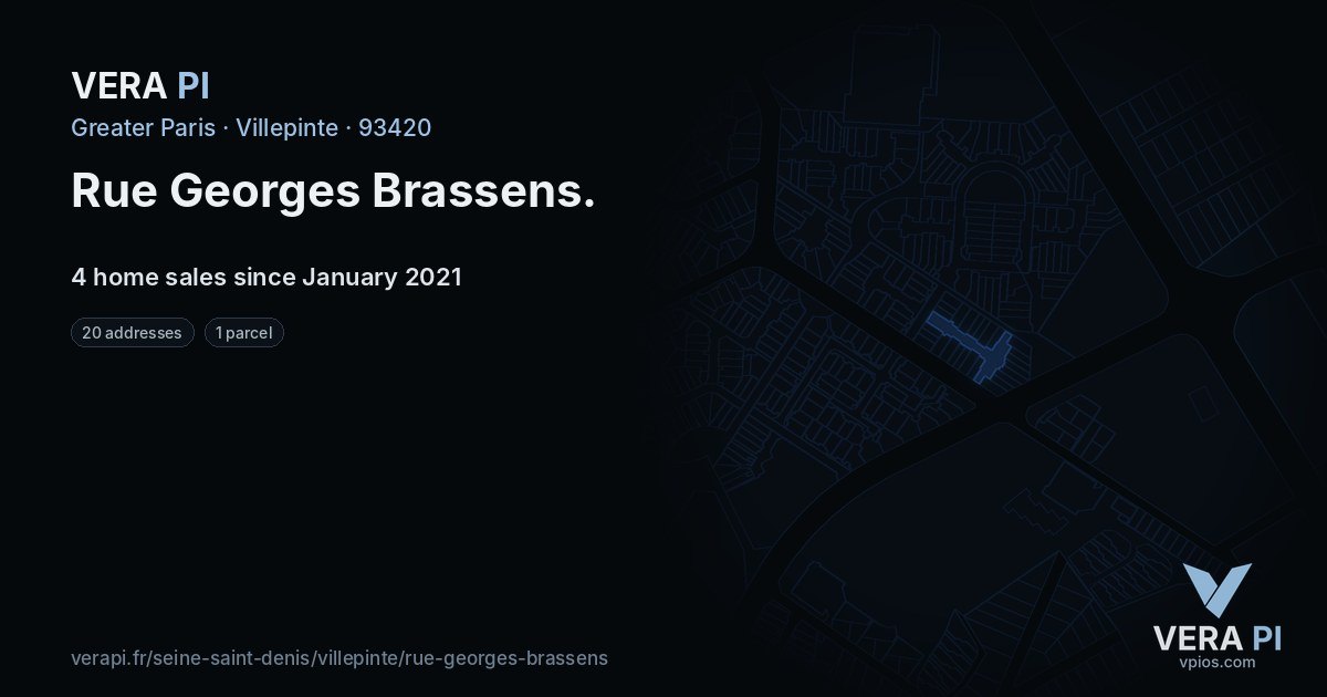 Rue Georges Brassens, Villepinte at night – every parcel coloured by the prices around it, the street's own parcels lit