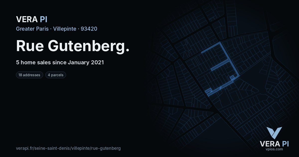 Rue Gutenberg, Villepinte at night – every parcel coloured by the prices around it, the street's own parcels lit