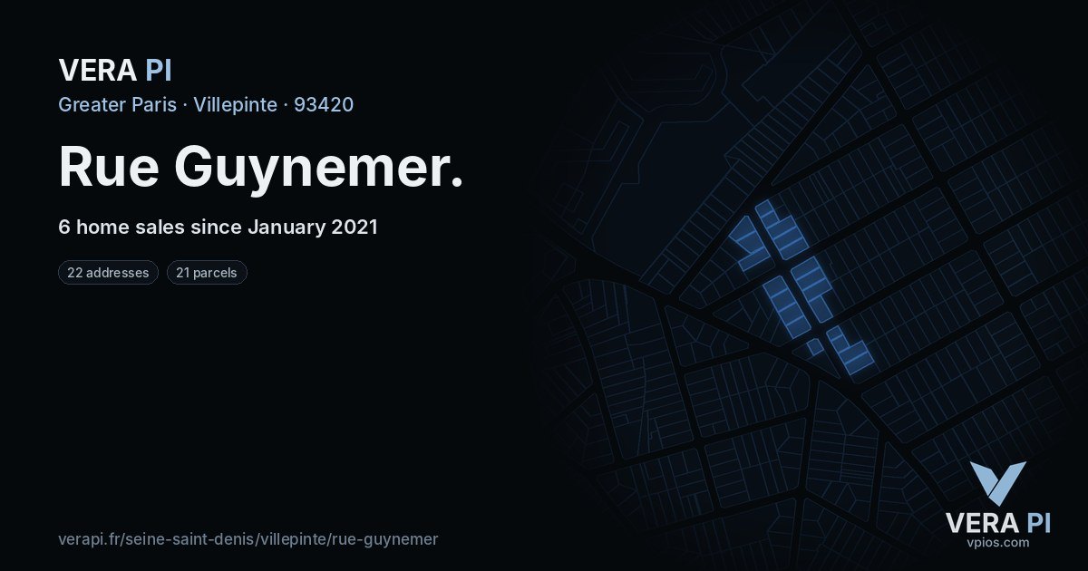 Rue Guynemer, Villepinte at night – every parcel coloured by the prices around it, the street's own parcels lit
