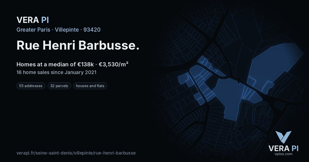 Rue Henri Barbusse, Villepinte at night – every parcel coloured by the prices around it, the street's own parcels lit