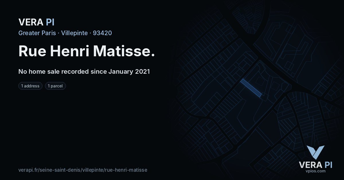 Rue Henri Matisse, Villepinte at night – every parcel coloured by the prices around it, the street's own parcels lit