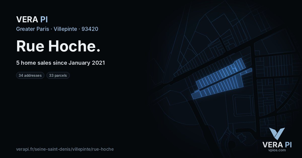 Rue Hoche, Villepinte at night – every parcel coloured by the prices around it, the street's own parcels lit