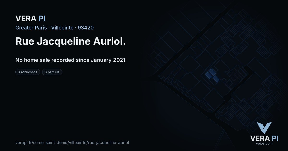 Rue Jacqueline Auriol, Villepinte at night – every parcel coloured by the prices around it, the street's own parcels lit