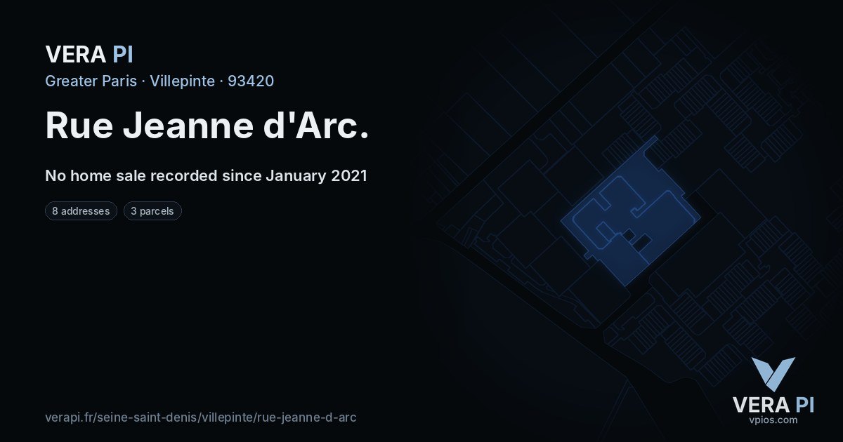 Rue Jeanne d'Arc, Villepinte at night – every parcel coloured by the prices around it, the street's own parcels lit