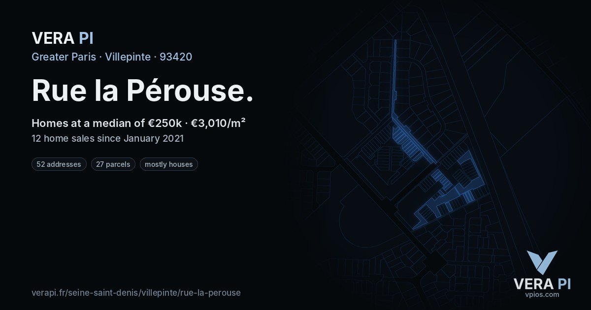 Rue la Pérouse, Villepinte at night – every parcel coloured by the prices around it, the street's own parcels lit