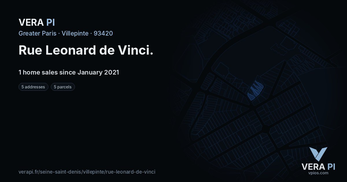 Rue Leonard de Vinci, Villepinte at night – every parcel coloured by the prices around it, the street's own parcels lit