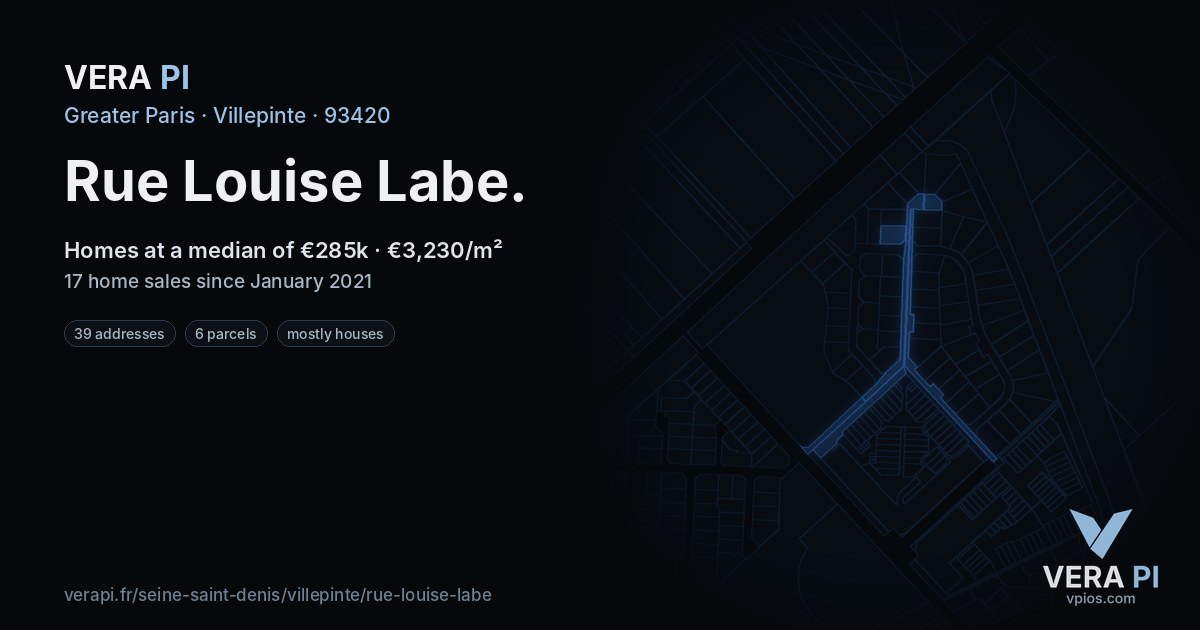 Rue Louise Labe, Villepinte at night – every parcel coloured by the prices around it, the street's own parcels lit