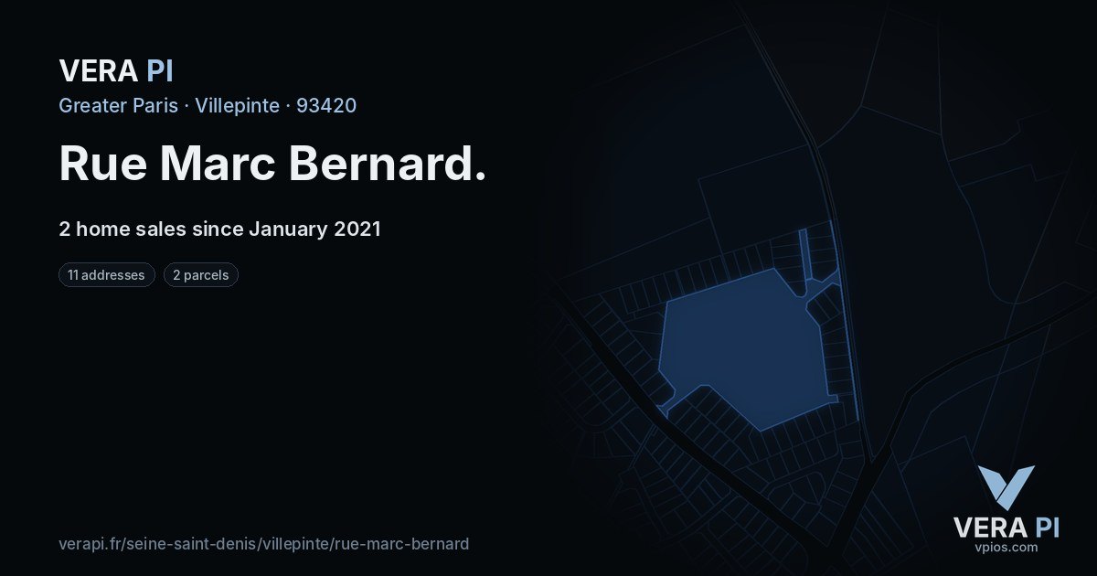 Rue Marc Bernard, Villepinte at night – every parcel coloured by the prices around it, the street's own parcels lit