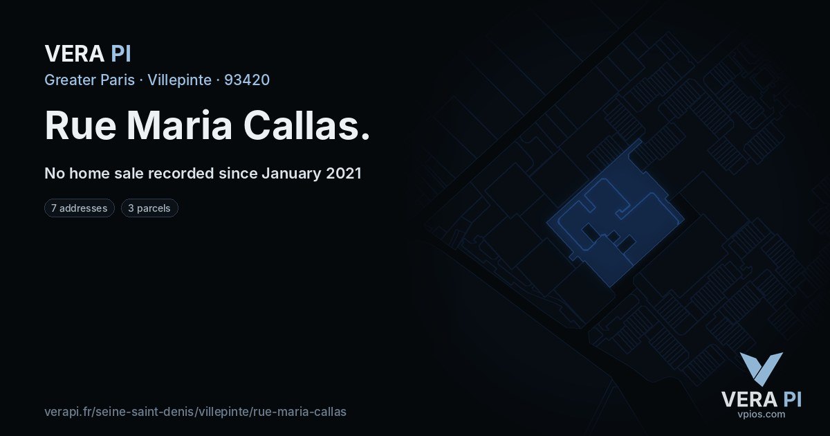 Rue Maria Callas, Villepinte at night – every parcel coloured by the prices around it, the street's own parcels lit