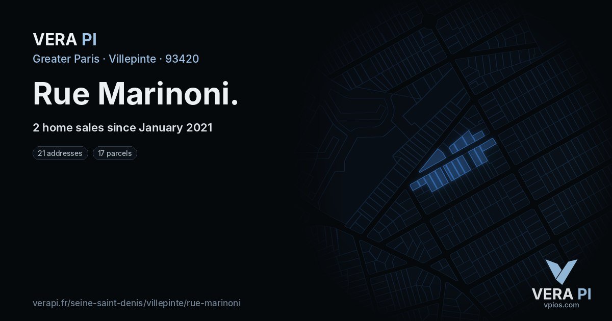 Rue Marinoni, Villepinte at night – every parcel coloured by the prices around it, the street's own parcels lit