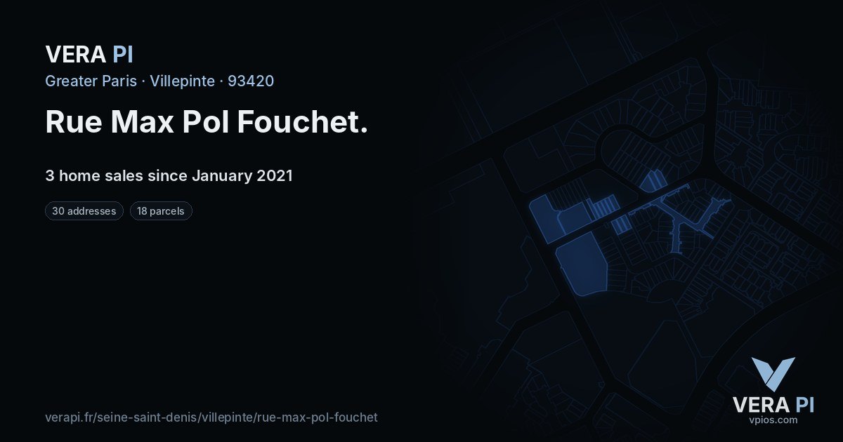 Rue Max Pol Fouchet, Villepinte at night – every parcel coloured by the prices around it, the street's own parcels lit