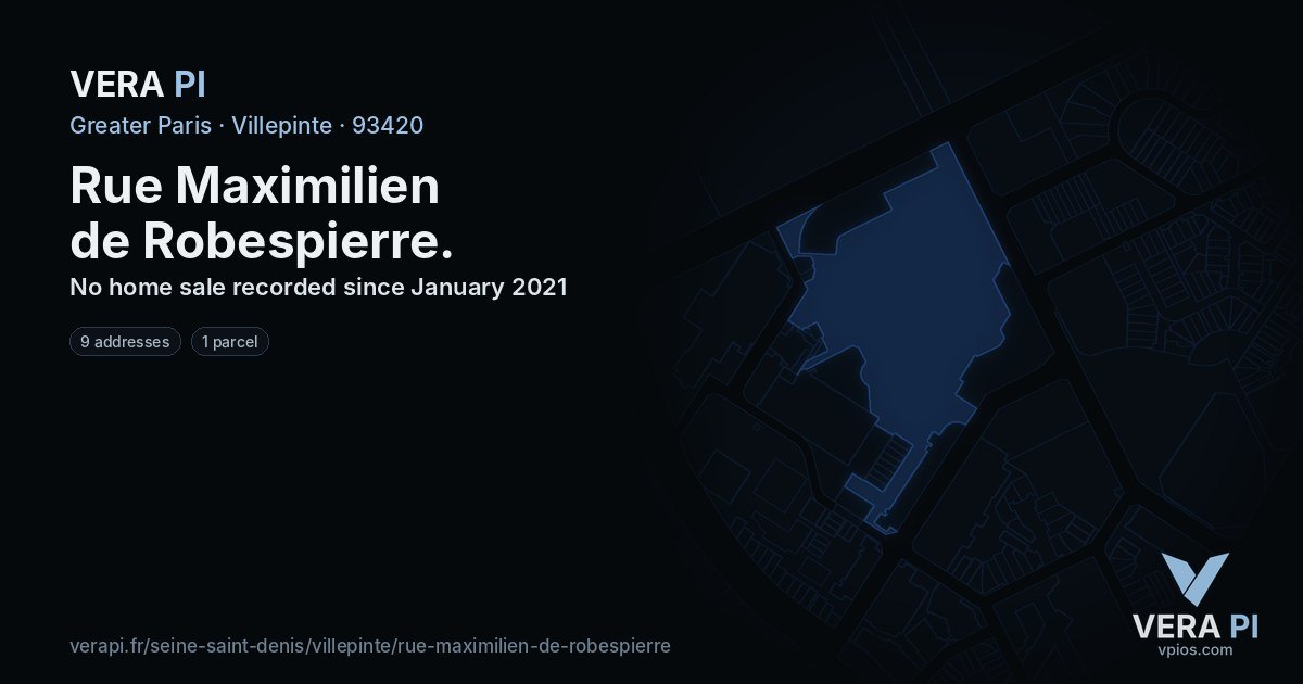 Rue Maximilien de Robespierre, Villepinte at night – every parcel coloured by the prices around it, the street's own parcels lit