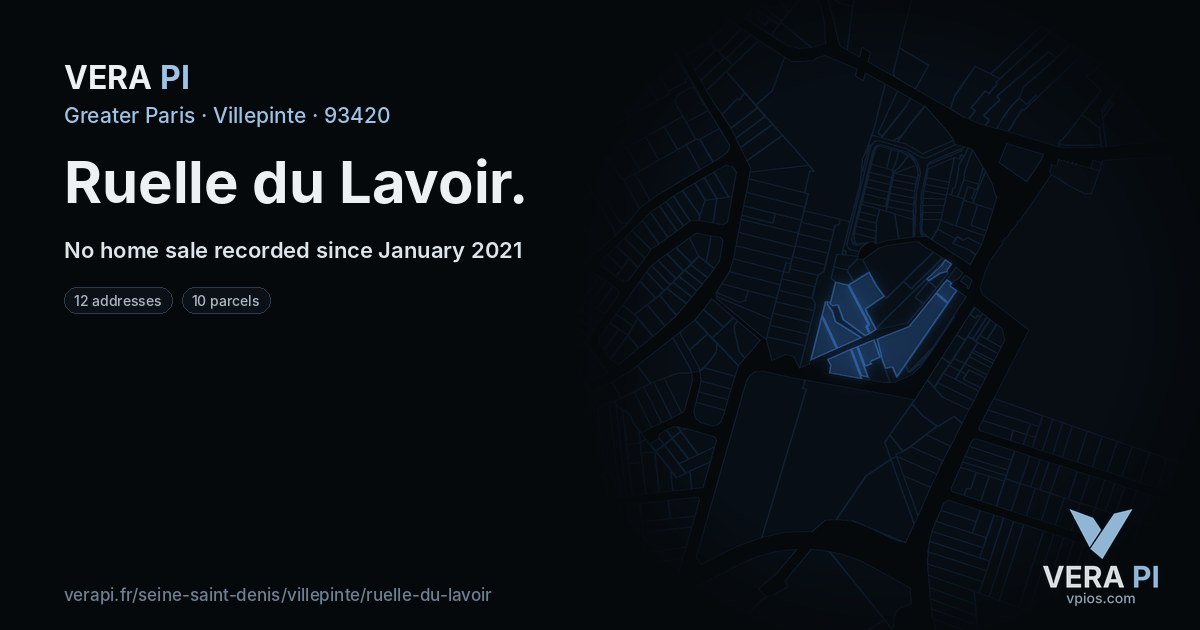 Ruelle du Lavoir, Villepinte at night – every parcel coloured by the prices around it, the street's own parcels lit