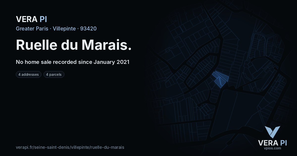 Ruelle du Marais, Villepinte at night – every parcel coloured by the prices around it, the street's own parcels lit