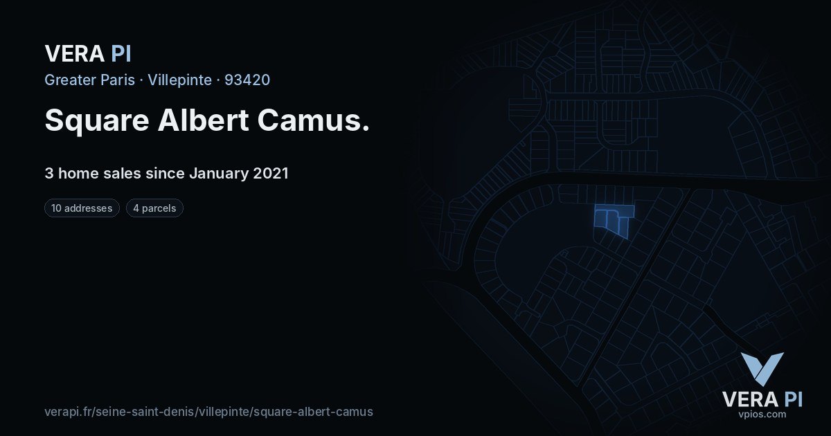 Square Albert Camus, Villepinte at night – every parcel coloured by the prices around it, the street's own parcels lit