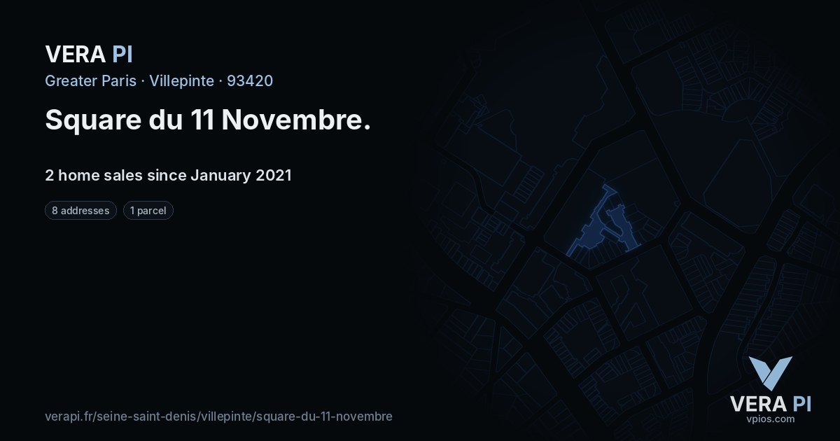 Square du 11 Novembre, Villepinte at night – every parcel coloured by the prices around it, the street's own parcels lit