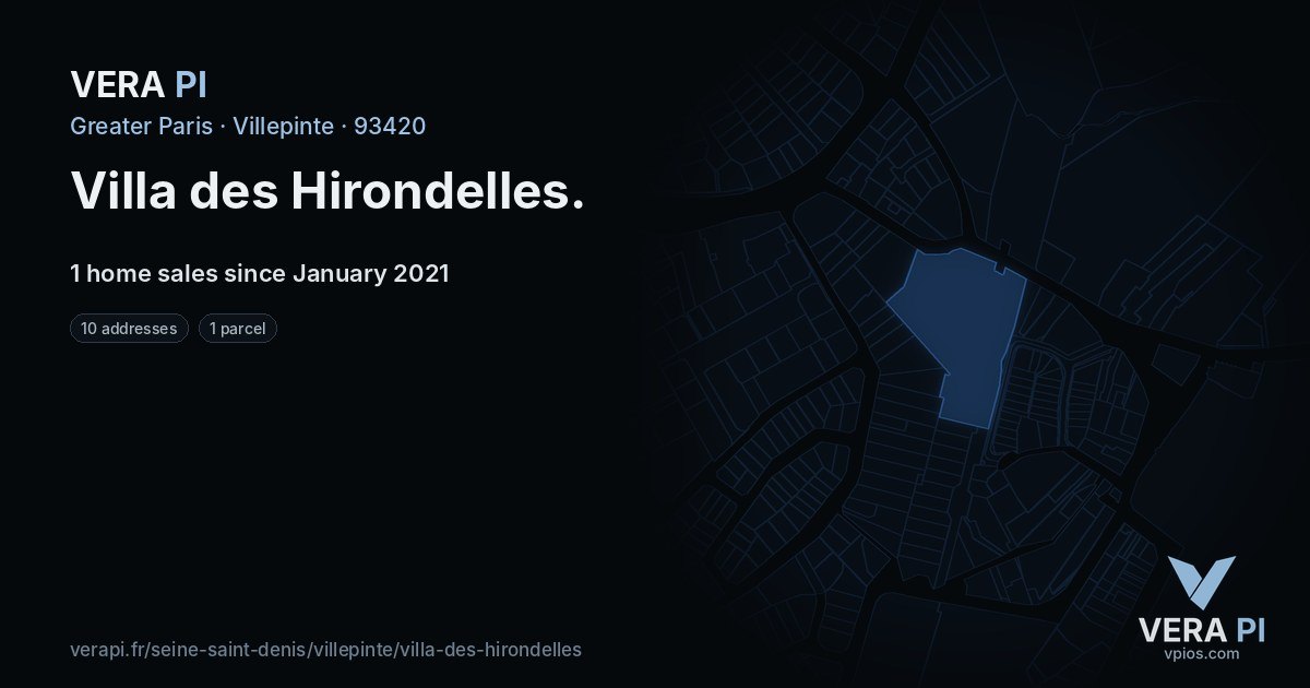 Villa des Hirondelles, Villepinte at night – every parcel coloured by the prices around it, the street's own parcels lit