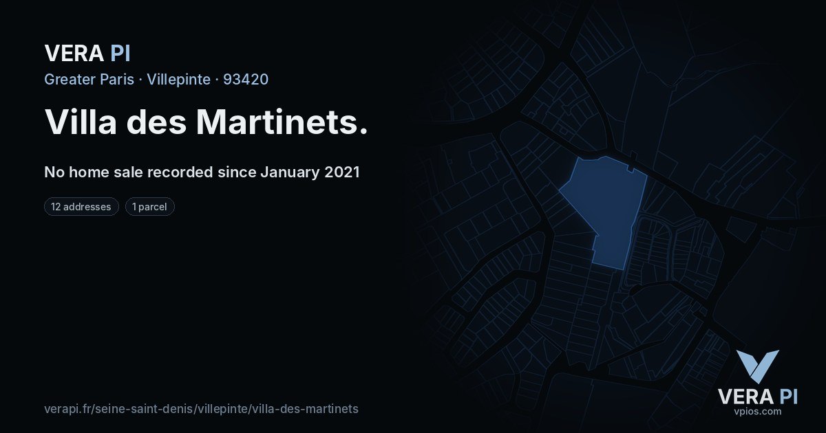 Villa des Martinets, Villepinte at night – every parcel coloured by the prices around it, the street's own parcels lit