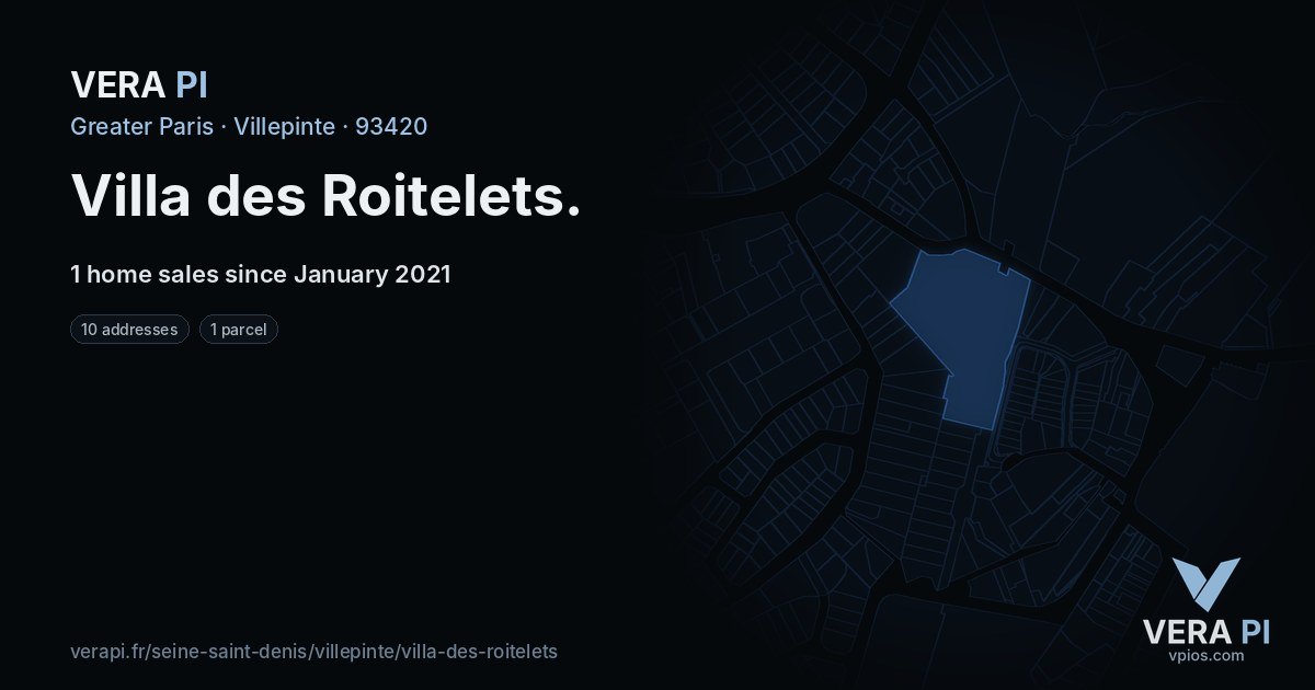Villa des Roitelets, Villepinte at night – every parcel coloured by the prices around it, the street's own parcels lit