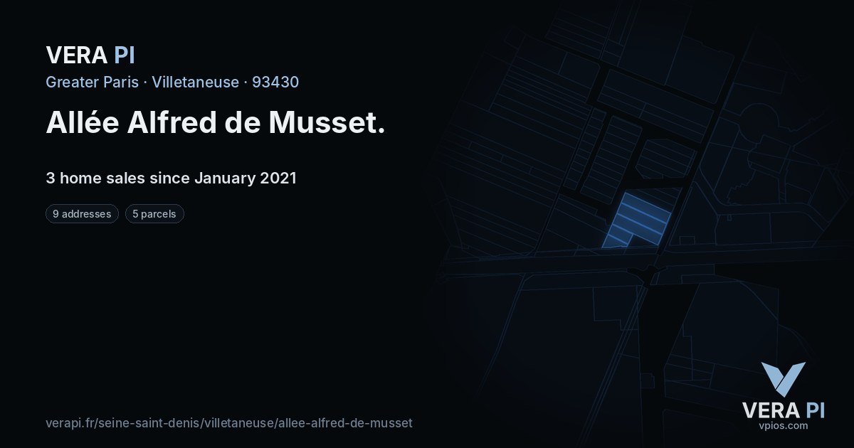 Allée Alfred de Musset, Villetaneuse at night – every parcel coloured by the prices around it, the street's own parcels lit