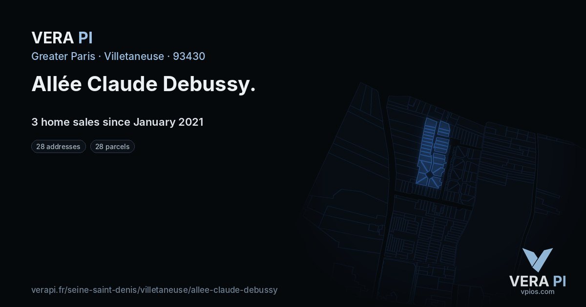 Allée Claude Debussy, Villetaneuse at night – every parcel coloured by the prices around it, the street's own parcels lit