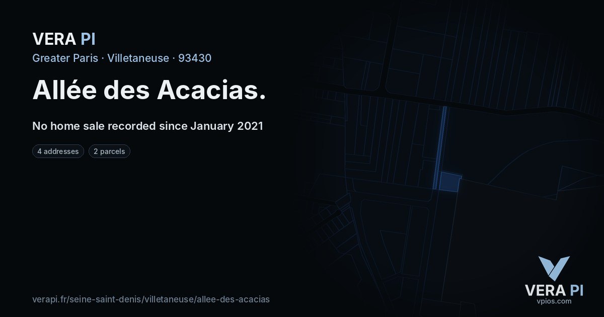 Allée des Acacias, Villetaneuse at night – every parcel coloured by the prices around it, the street's own parcels lit