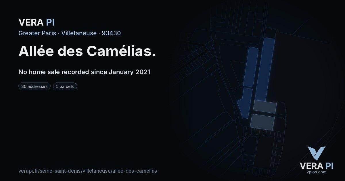 Allée des Camélias, Villetaneuse at night – every parcel coloured by the prices around it, the street's own parcels lit