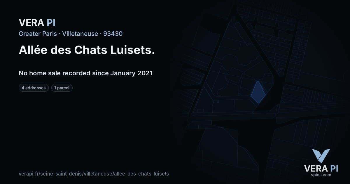Allée des Chats Luisets, Villetaneuse at night – every parcel coloured by the prices around it, the street's own parcels lit
