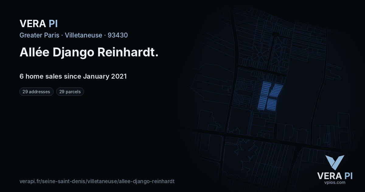 Allée Django Reinhardt, Villetaneuse at night – every parcel coloured by the prices around it, the street's own parcels lit