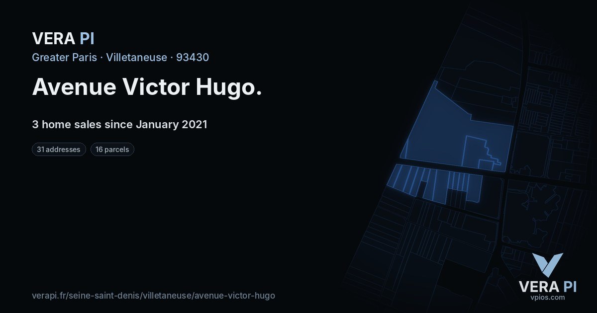Avenue Victor Hugo, Villetaneuse at night – every parcel coloured by the prices around it, the street's own parcels lit