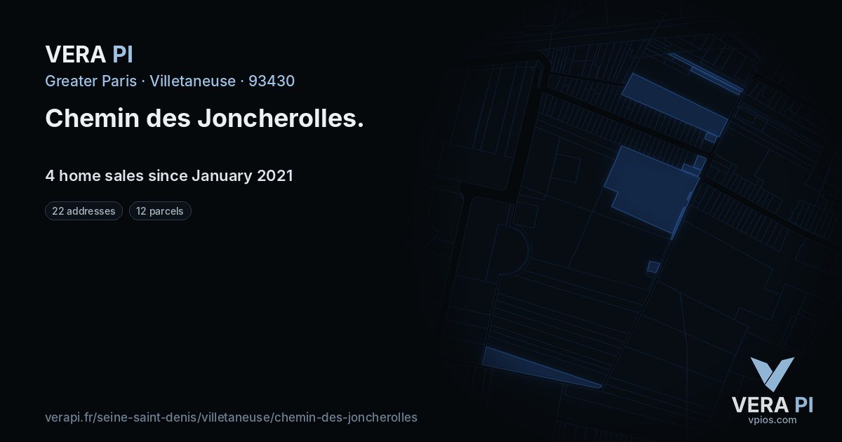Chemin des Joncherolles, Villetaneuse at night – every parcel coloured by the prices around it, the street's own parcels lit
