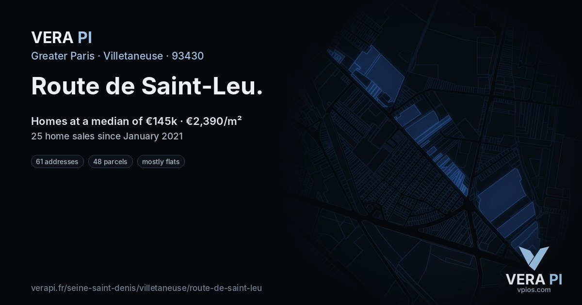 Route de Saint-Leu, Villetaneuse at night – every parcel coloured by the prices around it, the street's own parcels lit