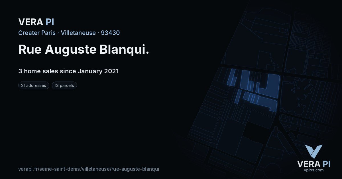 Rue Auguste Blanqui, Villetaneuse at night – every parcel coloured by the prices around it, the street's own parcels lit