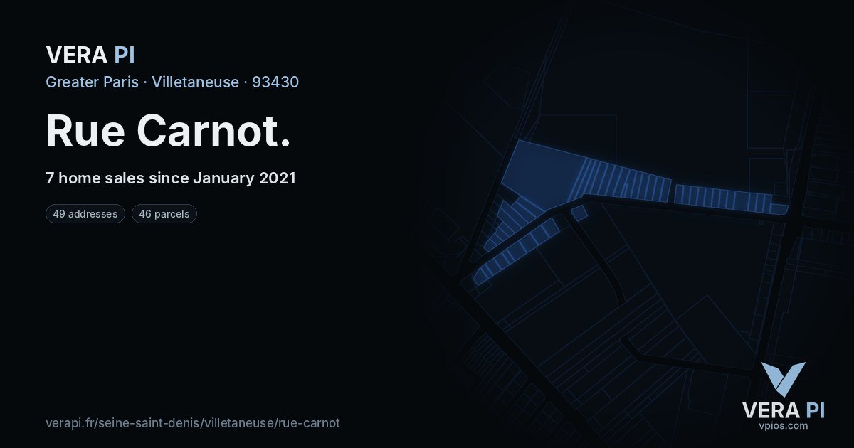 Rue Carnot, Villetaneuse at night – every parcel coloured by the prices around it, the street's own parcels lit