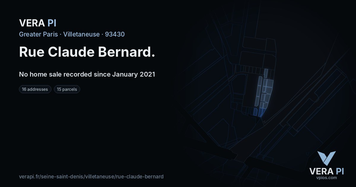 Rue Claude Bernard, Villetaneuse at night – every parcel coloured by the prices around it, the street's own parcels lit