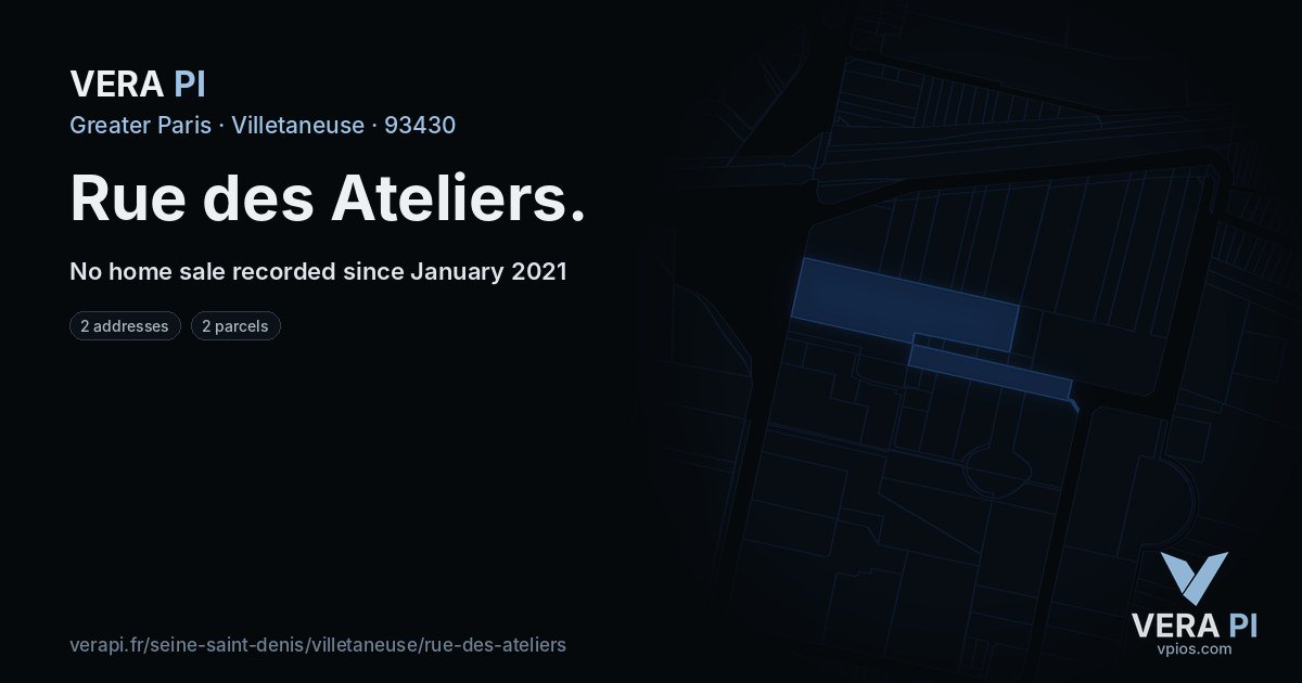Rue des Ateliers, Villetaneuse at night – every parcel coloured by the prices around it, the street's own parcels lit