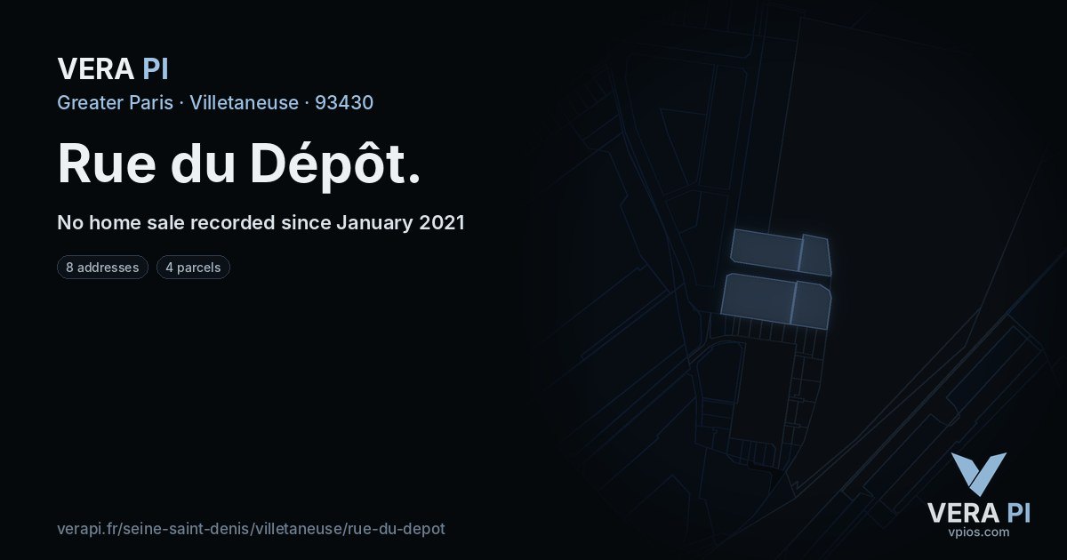 Rue du Dépôt, Villetaneuse at night – every parcel coloured by the prices around it, the street's own parcels lit