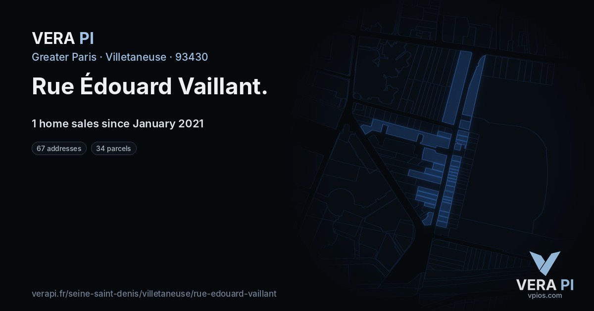 Rue Édouard Vaillant, Villetaneuse at night – every parcel coloured by the prices around it, the street's own parcels lit