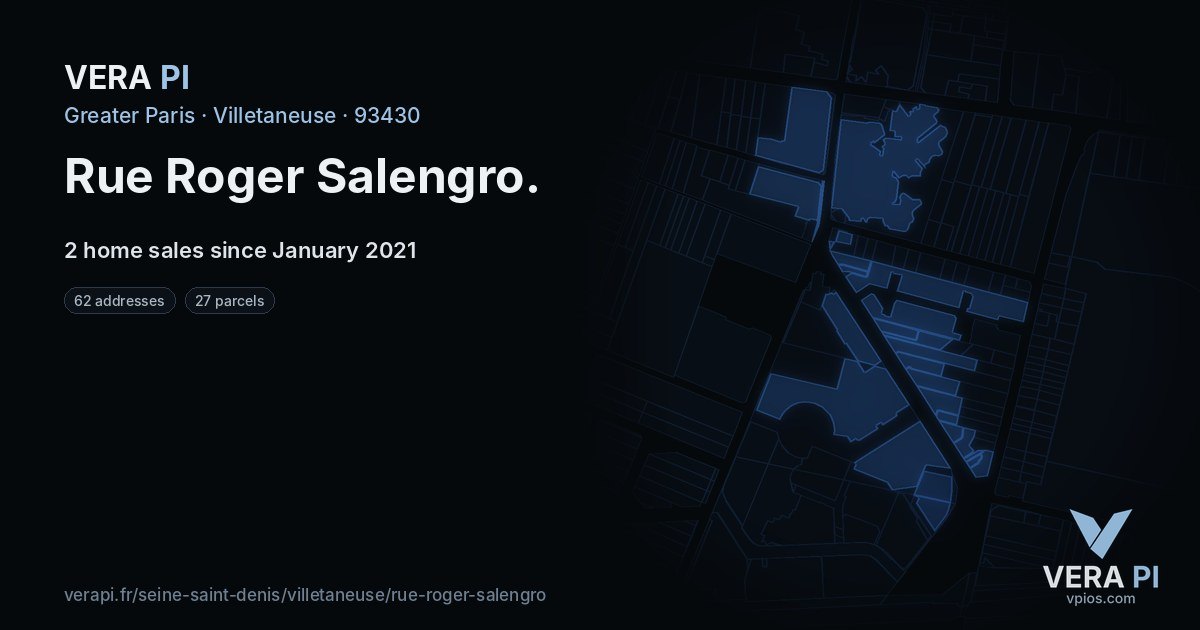 Rue Roger Salengro, Villetaneuse at night – every parcel coloured by the prices around it, the street's own parcels lit