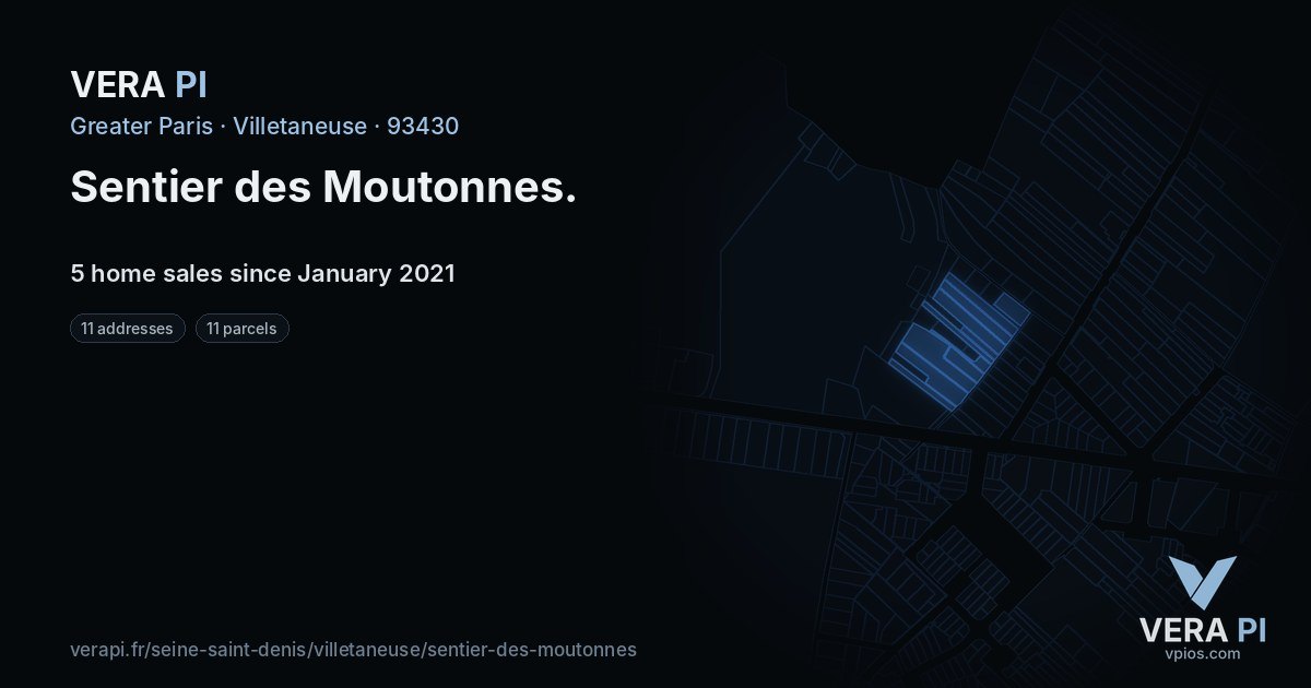 Sentier des Moutonnes, Villetaneuse at night – every parcel coloured by the prices around it, the street's own parcels lit